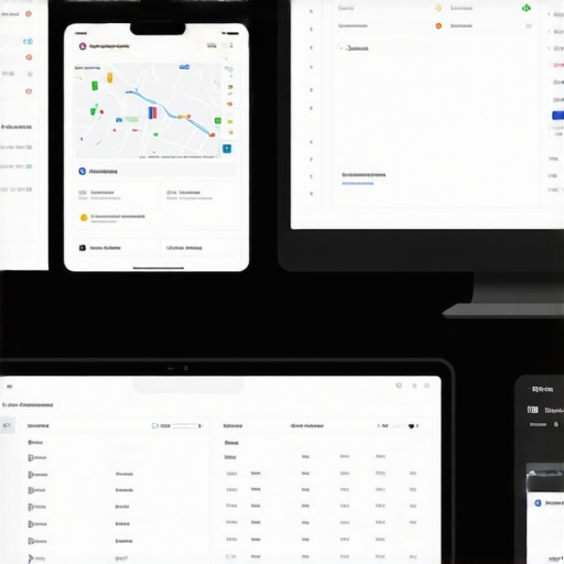 A professional workspace featuring SEO tools, maps, and analytics dashboards for local SEO