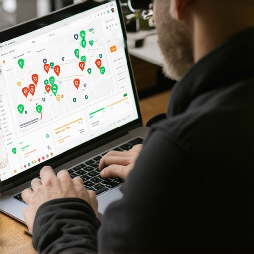 Digital marketer reviewing local SEO analytics on a laptop.