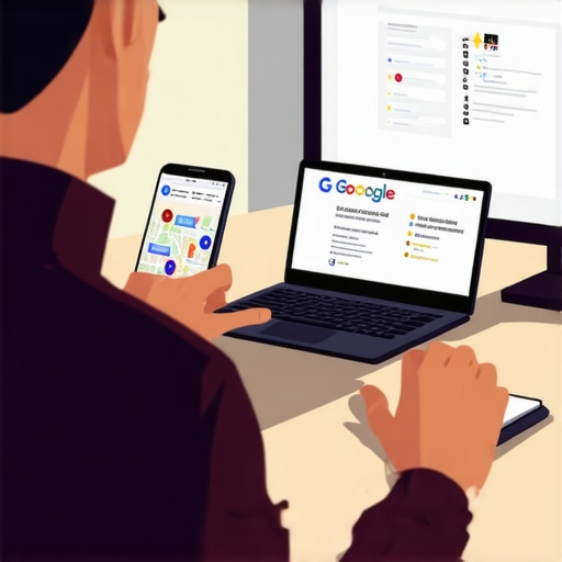 Business owner updating Google My Business profile with devices