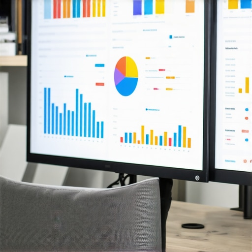 Person analyzing SEO metrics on multiple screens in a modern office