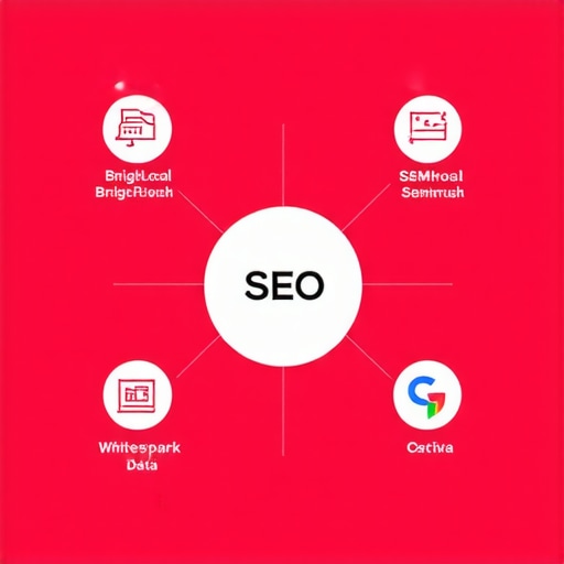 Illustration of local SEO tools dashboard with BrightLocal, SEMrush, Whitespark, and data analytics charts.