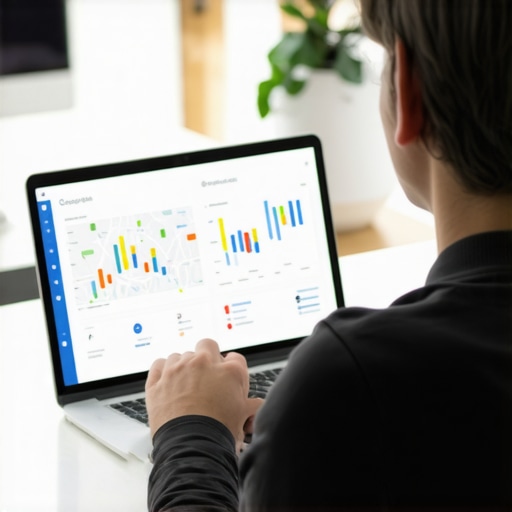 Person reviewing map ranking strategies on a laptop with charts and checklists.