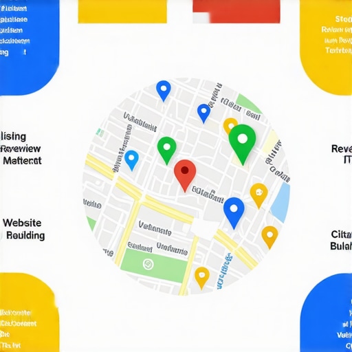 Visual guide illustrating local map SEO steps like listing, reviews, content, website, citations, and images.