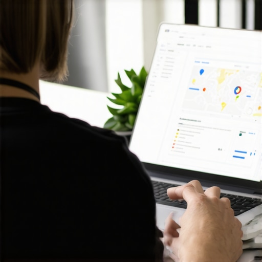 Person working on Google My Business profile on laptop with maps and SEO tools