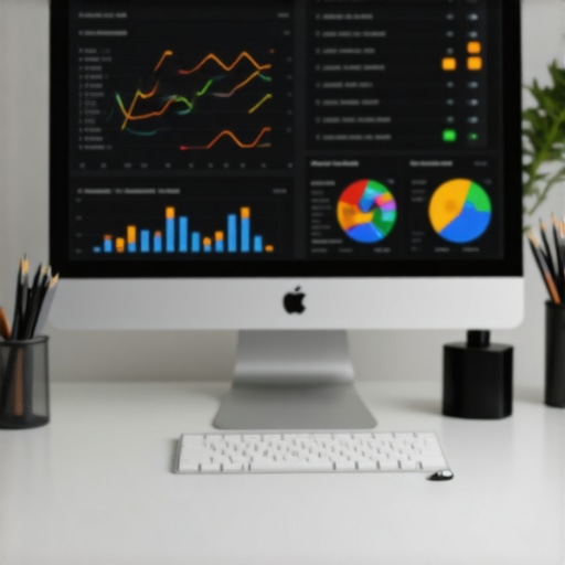 SEO Tools Desk Setup A workspace featuring SEO analytics software for local map ranking management.