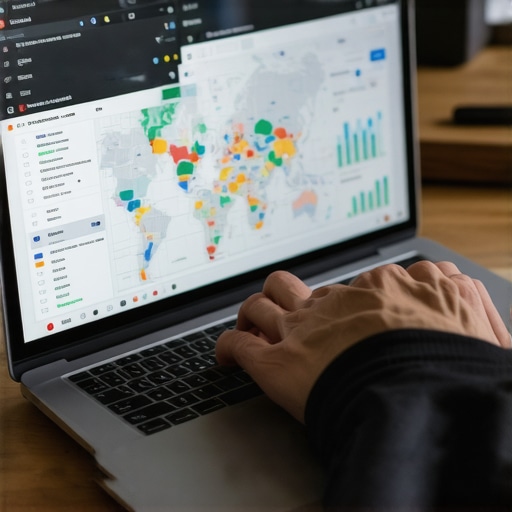 Person analyzing maps and SEO data on a laptop screen.