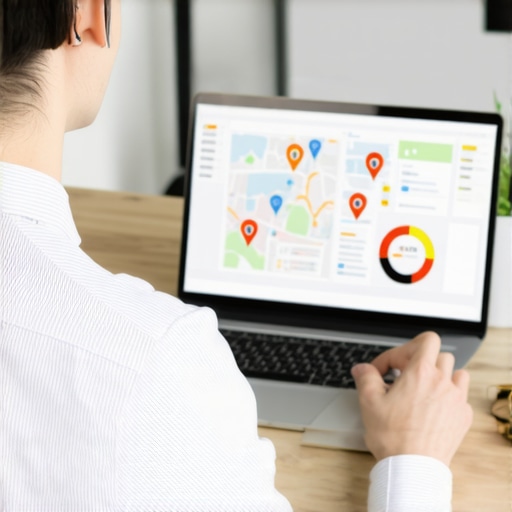 Analyzing Local SEO Data Business owner reviewing maps and SEO metrics on laptop.