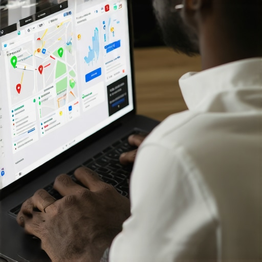A person reviewing local SEO data on a computer displaying maps and analytics.