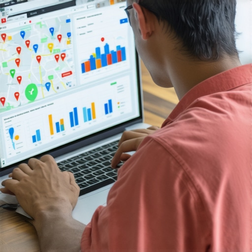 Person reviewing local map rankings and SEO data on a laptop