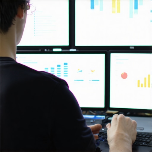 Expert Using Citation Audit Tool Digital marketing analyst reviewing citations and analytics on multiple computer screens