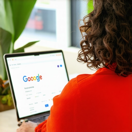 Business owner editing Google My Business profile on laptop with marketing materials in background.