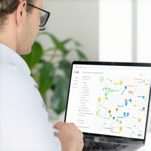 Business owner editing Google Maps profile on laptop.