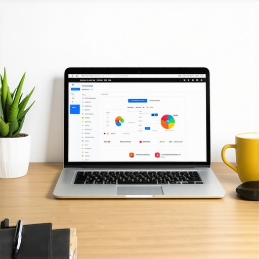 Laptop screen displaying local SEO and map ranking tools with notebooks and coffee on desk