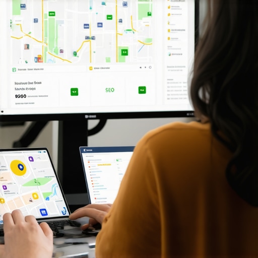 Person reviewing local SEO analytics on a computer with maps and charts.