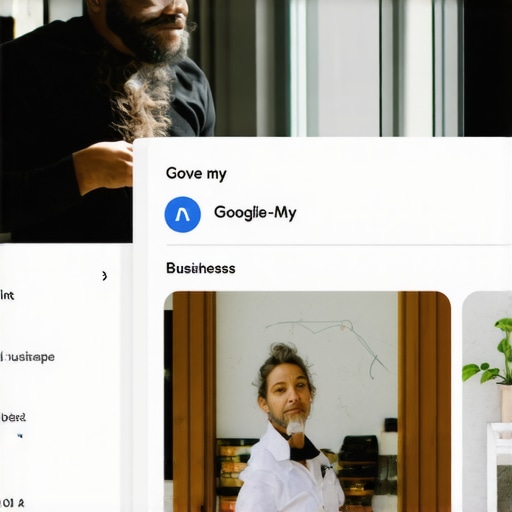 Business owner updating Google My Business listing with photos and details.