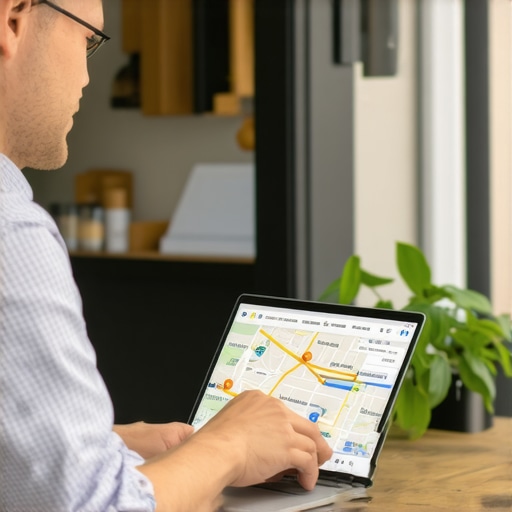 Business owner working on map listing optimization on laptop with storefront in background.