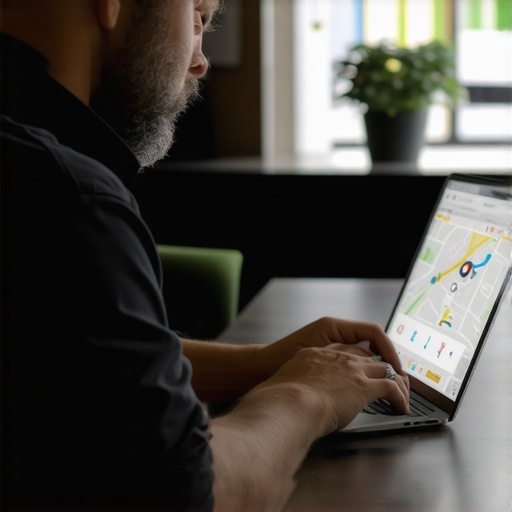 Business owner updating Google My Business profile on laptop, highlighting maps and analytics charts.