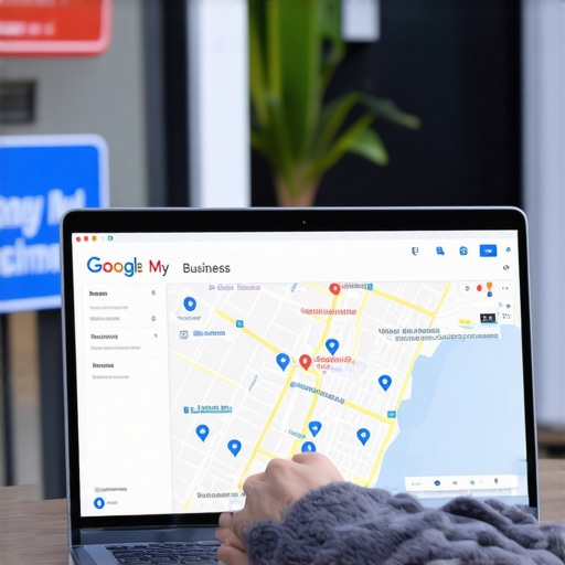 Business owner optimizing Google My Business profile on laptop with local signage in background.