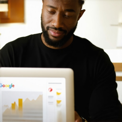 Business owner optimizing Google Maps listing on laptop with checklists and graphs.