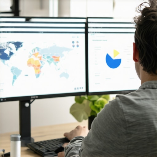 Person reviewing local SEO performance on dual screens with maps and analytics tools.