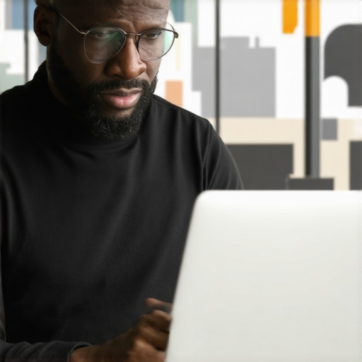 Business owner editing Google Maps listing on laptop with local landmarks in background.