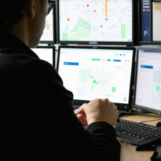 A person analyzing digital maps and SEO analytics on screens for local map optimization