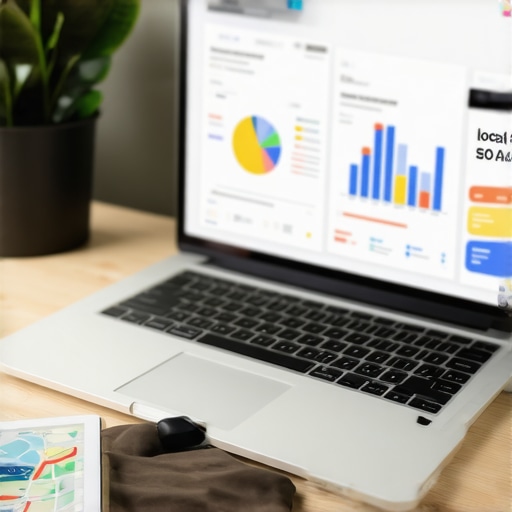 Laptop displaying local SEO analytics with maps and charts on the desk.