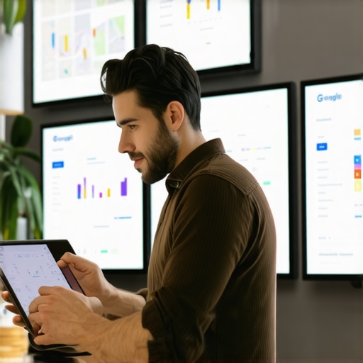 Business owner optimizing Google My Business profile with maps and analytics